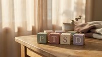 PTSD wooden blocks on table with warm sunlight, coffee cup and blanket nearby, mental health awareness and therapy concept.