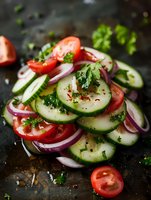 Fresh cucumber and tomato salad with red onion rings and herbs, seasoned with spices on dark rustic background, macro food photography.