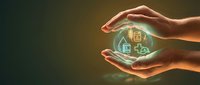 Protective hands surrounding glowing digital home with security icons representing smart home technology, insurance coverage and property protection services.