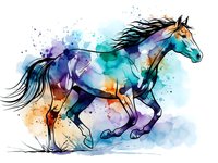 Running horse with vibrant watercolor splashes in blue, purple and orange tones on white background, artistic animal illustration for creative projects.