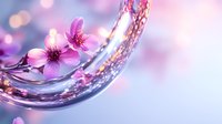 Pink cherry blossoms floating on crystal clear water wave with soft bokeh lights creating dreamy spring atmosphere in purple and pink tones.