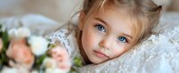 Young girl with striking blue eyes and blonde hair resting on white lace fabric, soft pink roses in background create dreamy romantic mood for childhood portraits.