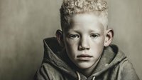 Young albino boy with white curly hair wearing olive green hoodie portrait against neutral background for diversity and inclusion campaigns.