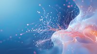 Abstract flowing smoke with glowing particles and light trails against blue and coral gradient background creates ethereal atmospheric effect.