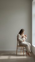 Young Caucasian mother in white pajamas breastfeeding newborn baby while sitting on wooden chair in minimalist room with natural light for motherhood content.