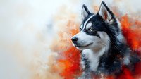 Majestic Siberian Husky portrait with piercing blue eyes against dramatic orange and black watercolor background, artistic pet illustration for wall decor and prints.