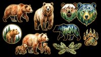 Bear family collection with mother and cubs in various poses, isolated on transparent background. Ready for t-shirt design, clipart, stickers, sublimation, and print-on-demand products.