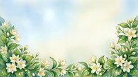 Watercolor floral frame with white jasmine flowers and green leaves on soft blue sky background for wedding invitations and greeting cards.