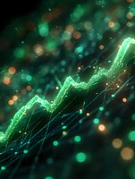 Glowing green financial chart line trending upward against dark background with bokeh lights and network connections. Perfect for business growth concepts.