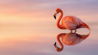 Pink flamingo reflected in calm water at sunset with warm golden and purple sky tones, suitable for nature and wildlife backgrounds.
