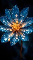 Blue flower with golden center covered in sparkling water droplets on dark background. Magical botanical macro photography with glowing light effects.