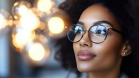Young African American woman wearing glasses with natural afro hairstyle smiling against blurred bokeh lights background, expressing confidence and joy.