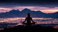 Silhouette of woman meditating on mountain peak overlooking city lights at sunset, dramatic purple sky and mountain range backdrop creates serene atmosphere.