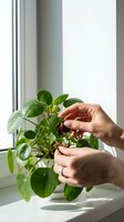 Woman hands caring for green houseplant on windowsill with natural light. Indoor gardening and plant care concept for home decoration and wellness.