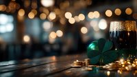 Glass of dark beer with green shamrock decoration and gold coins on wooden table with festive bokeh lights, perfect for St. Patrick's Day celebrations.