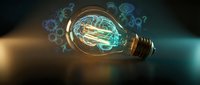 Glowing light bulb with digital brain circuit patterns and molecular structures floating around, representing artificial intelligence and innovative technology concepts.