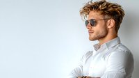 Young Caucasian male model with stylish haircut and sunglasses wearing white button-down shirt poses confidently against light background, side profile portrait.