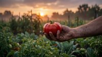 Farmer's weathered hands holding fresh ripe red tomato at golden sunset in organic vegetable garden. Agricultural harvest concept for healthy farming lifestyle.