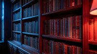 Library bookshelf with vintage books in dramatic red and blue lighting creating atmospheric academic environment for research and study purposes.