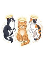 Three cartoon cats with golden halos and glowing auras sit together on white background. Black and white, orange tabby, and calico felines isolated for greeting cards, pet merchandise, and apparel design.