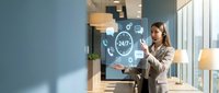 Professional businesswoman presenting customer service solutions with digital interface icons in modern office environment for corporate presentations.