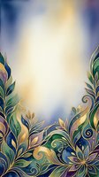 Ornate floral frame with gold leaf accents, green and blue botanical leaves, and swirling decorative elements on soft gradient background. Suitable for invitations, greeting cards, and design templates.