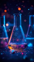 Laboratory glass flask with glowing liquid and sparkles against dark background with blue and orange bokeh lights, creating magical scientific atmosphere.