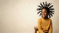 Young Black woman with voluminous dreadlocks styled upward, wearing mustard yellow sweater, seated on wooden chair against neutral beige background, smiling at camera.