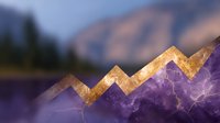 Majestic mountain range silhouette with gold leaf peaks against purple amethyst crystal texture background, creating luxurious abstract landscape art for modern interior decor.