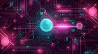 Glowing circuit board pattern with neon pink and blue lights, electronic pathways and geometric shapes creating futuristic technology background for tech designs.