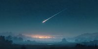 Bright meteor streaking across night sky over distant city lights, creating magical atmosphere in misty mountain landscape.