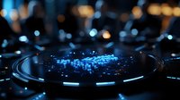 Futuristic digital technology concept with glowing blue circular interface and holographic data visualization elements on dark background.