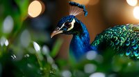 Majestic peacock with vibrant blue and green plumage in natural garden setting with soft bokeh lighting effects for wildlife and nature photography.