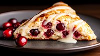 Fresh baked cranberry scone with sweet vanilla glaze drizzle and fresh berries, served on dark plate against black background, macro food photography.