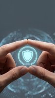 Hands holding glowing shield icon with neon light effect, representing cybersecurity, data protection, and digital safety for technology and business concepts.