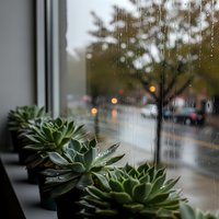 Succulent plants on windowsill with raindrops on glass and blurred city street view creating cozy indoor atmosphere during rainy weather.