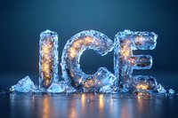 Glowing word ICE made of frozen water with warm light inside, creating dramatic contrast against dark blue background.