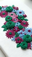 Colorful hand embroidered floral design with roses and daisies on white fabric featuring pink blue green thread work for textile crafts and sewing projects.