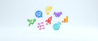 Colorful business and startup icons including growth chart, rocket, globe, and financial symbols arranged on white background for corporate design projects.