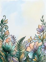 Soft watercolor floral border with pastel blooms, ferns, and swirling leaves framing a light sky background, perfect for cards and stationery.