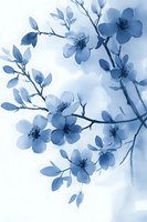 Delicate blue watercolor cherry blossom branch with soft petals and leaves on light background for spring decor and botanical art projects.