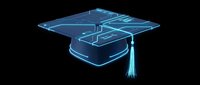 Glowing neon graduation cap with tassel on black background for education technology concepts and academic achievement designs.