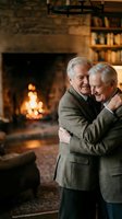 Two senior Caucasian men embracing warmly by cozy fireplace in rustic home interior with wooden beams and bookshelves creating heartfelt reunion moment.