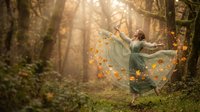 Young woman with flowing dress dancing gracefully in enchanted autumn forest with magical golden leaves swirling around her in warm sunlight rays.