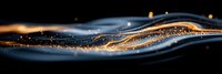 Abstract flowing waves of blue and gold light with glowing particles and bokeh effects create dynamic motion against dark background. Luxury design element.