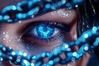 Close-up of glowing blue eye with sparkles and bokeh lights, dramatic fantasy makeup with glitter details and ethereal lighting effects for beauty and fashion concepts.