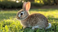 Young gray and white rabbit sitting in green grass during golden hour sunlight with natural bokeh background, side view of domestic bunny outdoors.