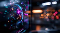 Futuristic digital Earth hologram with glowing particles and bokeh lights against dark background showcases global technology and connectivity concept.