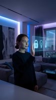 Young woman controlling smart home automation system with holographic interface in modern apartment with blue LED lighting for IoT technology concepts.