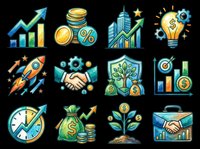 Colorful business and finance icon set isolated on transparent background. Includes growth charts, coins, rocket, handshake, money bag, plant. Great for clipart, stickers, t-shirt design.